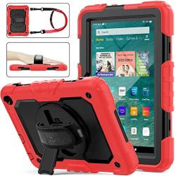SEYMAC stock Case for FireHD 8/8Plus (10th Generation 2020 Release), Full-Body Drop-Proof Case with 360 Degrees Rotating Stand [Pen Holder][Screen Protector] for FireHD 8/8 Plus 10th Gen (Black+Red)