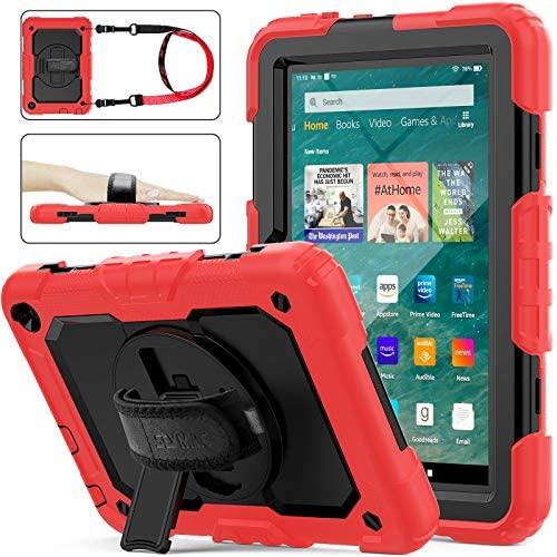 SEYMAC stock Case for FireHD 8/8Plus (10th Generation 2020 Release), Full-Body Drop-Proof Case with 360 Degrees Rotating Stand [Pen Holder][Screen Protector] for FireHD 8/8 Plus 10th Gen (Black+Red)