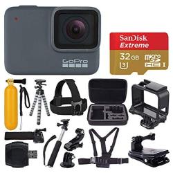 GoPro HERO 7 Silver Waterproof Digital Action Camera + Sandisk Extreme 32GB MicroSDHC Memory Card + Medium Case + Flexible Tripod + Head & Chest Strap + Monopod + Floating Handle + Wrist Strap + Clamp