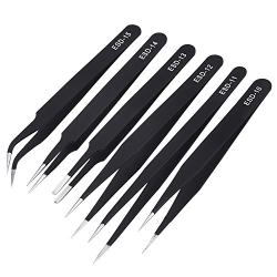 Mudder 6 Pieces Nail Art Tweezers Anti-static ESD Tweezers Kit Stainless Steel with Storage Bag for Eyelash Extension, Jewelry-making and Electronics