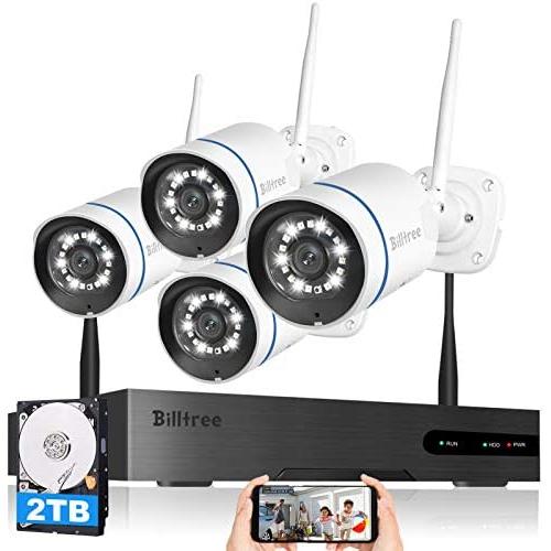 【Floodlight & Siren Alarm】Wireless Security Camera System, Billtree 3MP Ultra-HD 8CH NVR with 2TB Hard Drive, 4Pcs 3MP WiFi Surveillance Cameras with AI Human Detection,2 Way Audio, Color Night Vision