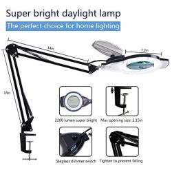 LED Magnifying Lamp with Clamp, KIRKAS 2,200 Lumens Dimmable Super Bright Full Spectrum Daylight 5-Diopter Magnifier Glass Light Lens, Adjustable Swivel Arm lamp for Desk Table Craft Workbench-Black