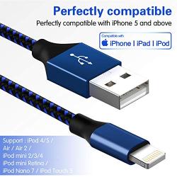 WUYA iPhone Charger, MFi Certified Lightning Cable 5 Pack (3/3/6/6/10FT) Nylon Woven with Metal Connector Compatible iPhone Xs Max/X/8/7/Plus/6S/6/SE/5S iPad - Black&Blue