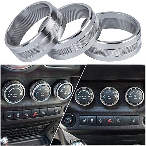 Danti 3pcs Audio Air Conditioning Button Cover Decoration Twist Switch Ring Trim for Jeep Wrangler JK JKU Patriot Liberty 2011-2018 Dodge Challenger 2008-2014 (Silver)