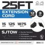 25 Ft Black Oil Resistant Extension Cord for Farms and Ranches - 12/3 SJTOW Heavy Duty Outdoor Cable with 3 Prong Grounded Plug for Safety