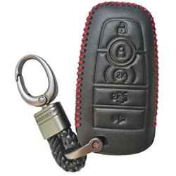Black Hand Sewing Leather Cover Key Fob Case Protector Jacket Holder For 2017 Ford Fusion Edge F250 F350 F450 F550 2018 Explorer Expedition 5 Buttons Smart Remote Control