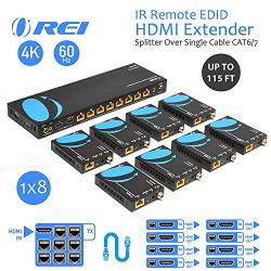 4K 1x8 HDMI Extender Splitter by OREI Multiple Over Single Cable CAT6/7 4K@60Hz 4:4:4 HDCP 2.2 with IR Remote EDID Management - Up to 115 Ft - Loop Out - Low Latency - Full Support