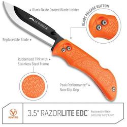 Outdoor Edge RazorLite - Replaceable Blade Folding Hunting Knife with Rubberized Nonslip TPR Handle, 6-Blades and Nylon Belt Sheath (Orange)