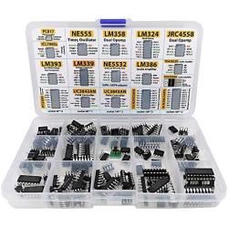 XL IC Chip Assortment 150 pcs, opamp, oscillator, pwm, PC817, NE555, LM358, LM324, JRC4558, LM393, LM339, NE5532, LM386, TDA2030, TDA2822, PT2399, UC3842, UC3843, ULN2003, ULN2803, 7660, Sockets