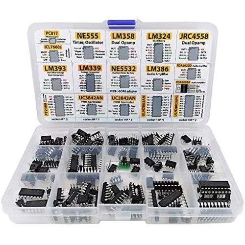 XL IC Chip Assortment 150 pcs, opamp, oscillator, pwm, PC817, NE555, LM358, LM324, JRC4558, LM393, LM339, NE5532, LM386, TDA2030, TDA2822, PT2399, UC3842, UC3843, ULN2003, ULN2803, 7660, Sockets
