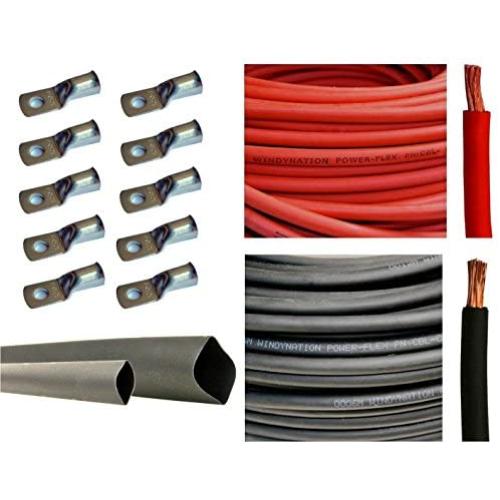 1/0 Gauge 1/0 AWG 10 Feet Red + 10 Feet Black Welding Battery Pure Copper Flexible Cable + 10pcs of 3/8'' Tinned Copper Cable Lug Terminal Connectors + 3 Feet Black Heat Shrink Tubing