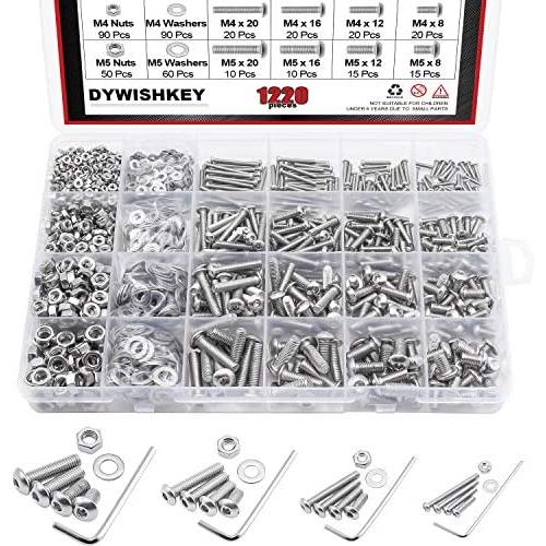 DYWISHKEY 1220 PCS M2 M3 M4 M5, 304 Stainless Steel Hex Button Head Cap Bolts Screws Nuts Washers Assortment Kit with Hex Wrenches
