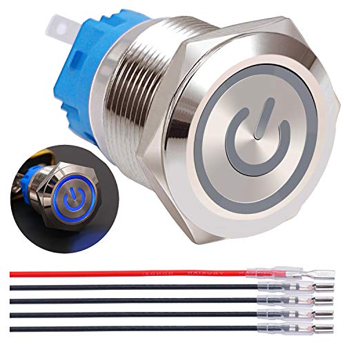Twidec / 19mm Mounting Hole Latching Push Button Switch 1NO 1NC SPDT ON/OFF Silver Waterproof Stainless Steel Shell with 12V Blue Power Symbol LED Lamp Ring for car modification Switch L-19-Power-T-BU
