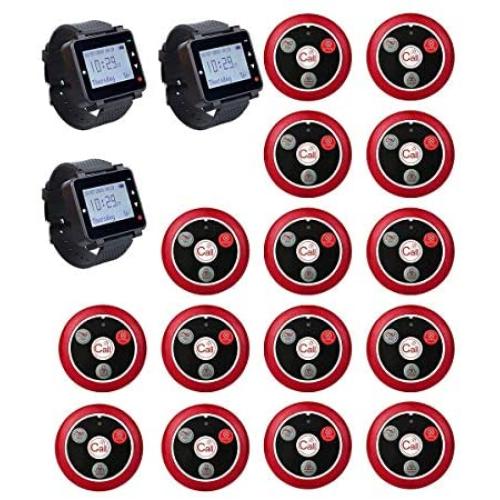 Retekess T128 Restaurant Pager System,Waiter Customer Calling System, User-Defined Watch Pagers,3 PC Watch Receiver,15 PCS 4-Key Call Button for Clinic