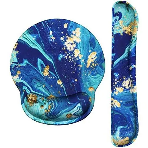 HAOCOO Keyboard Wrist Rest and Ergonomic Mouse Pad Wrist Support Set with Non-Slip Backing Memory Form-Filled, Easy-Typing and Pain Relief for Gaming Office Computer Laptop (Blue&Gold Marble)