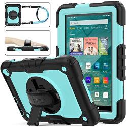 SEYMAC stock Case for Fire HD 8/8Plus Case (10th Generation 2020 ), [Full-Body] Shock-Proof Case with 360 Rotating Stand &Strap [Screen Protector] for Amazon Fire HD 8/8 Plus 10th Gen (SkyBlue+Black)