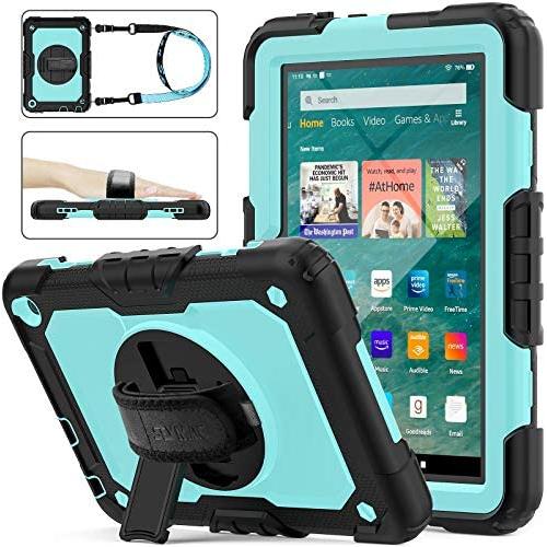SEYMAC stock Case for Fire HD 8/8Plus Case (10th Generation 2020 ), [Full-Body] Shock-Proof Case with 360 Rotating Stand &Strap [Screen Protector] for Amazon Fire HD 8/8 Plus 10th Gen (SkyBlue+Black)