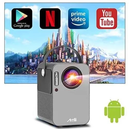 Android TV 9.0 Portable Projector，Artlii Play Smart WiFi Bluetooth Projector with Built-in Netflix, Disney+, Hulu,1080p Support Projector ,±45°4D Keystone Correction, HiFi Dolby Stereo,