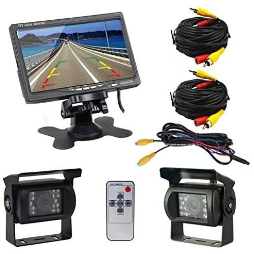 HD Backup Camera and Monitor Kit 7 Inch LCD Rear View Monitor Easy Installation for Cars, Trucks, Pickups, Hard-Wired Dual Waterproof Night Vision Camera Continuous Use Grid Lines