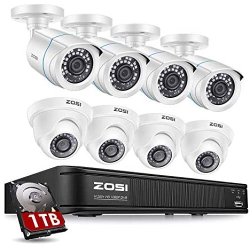 ZOSI H.265+ 1080p Home Security Camera System Outdoor Indoor, 5MP Lite 8 Channel DVR Recorder and 8 x 1080p Weatherproof CCTV Bullet Dome Camera, Remote Access, Motion Alerts (1TB Hard Drive Built-in)