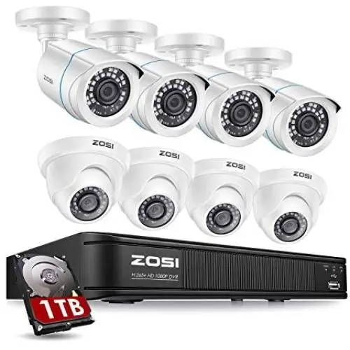ZOSI H.265+ 1080p Home Security Camera System Outdoor Indoor, 5MP Lite 8 Channel DVR Recorder and 8 x 1080p Weatherproof CCTV Bullet Dome Camera, Remote Access, Motion Alerts (1TB Hard Drive Built-in)