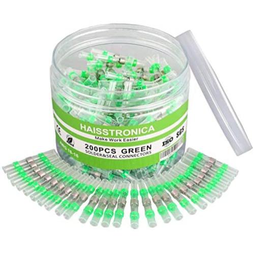 Haisstronica 200PCS 18-16 Green Solder Seal Wire Connectors,Waterproof Wire Connectors, Heat Shrink Butt Connectors for Watercraft,Electrical,Electronics,Marine,Stereo