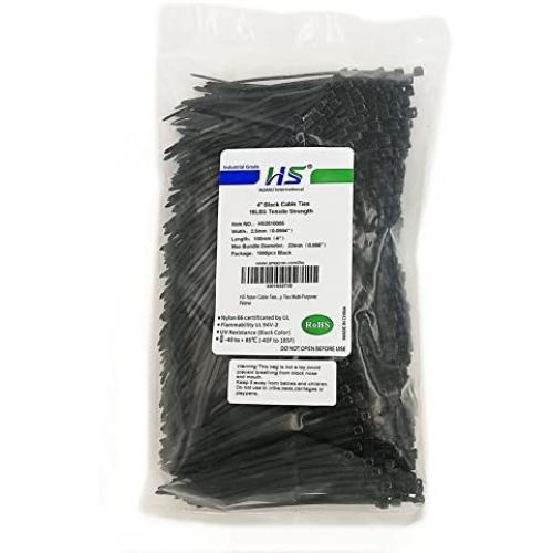 HS Durable Plastic Zip Ties 4 Inch (Bulk-1000 Pack) Small Zip Ties Thin 18 Lbs Self-Locking Nylon Ties for Electronics Organizer, Wire Zip Ties Black