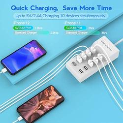 USB Wall Charger 10-Port USB Charger Station with Rapid Charging Auto Detect Technology Safety Guaranteed Family-Sized Smart USB Ports for Multiple Devices Smart Phone Tablet Laptop Computer
