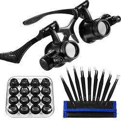Headband Magnifier with LED Light for Jewelry Clock Electronics Repair Magnifying Glass Loupe with Precision Tweezers and 8 Interchangeable Lens: 2.5X/ 4X/ 6X/ 8X/ 10x/ 15x/ 20x/ 25x