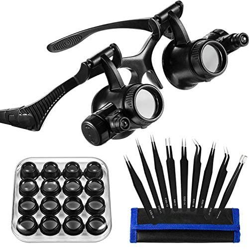 Headband Magnifier with LED Light for Jewelry Clock Electronics Repair Magnifying Glass Loupe with Precision Tweezers and 8 Interchangeable Lens: 2.5X/ 4X/ 6X/ 8X/ 10x/ 15x/ 20x/ 25x