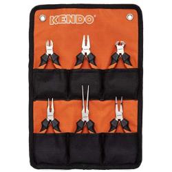KENDO 6-Pieces Mini Pliers Set - Long, Bent, Needle Nose, Diagonal, End Cut, Combination - Spring Loaded Handle, 4.5 Inch - Mechanic, Craftsman Basic Tool Kit - Roll Up Carry Bag Included