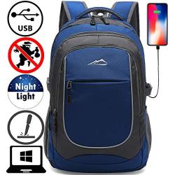 Backpack for School College Student Sturdy Bookbag Travel Business with USB Charging Port Laptop compartment Chest Straps Anti Theft Night Light Reflective (Blue)