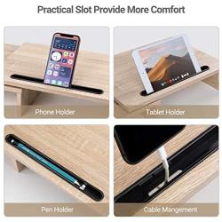 AMERIERGO Dual Monitor Stand Riser- 3 Shelf Screen Stand with Adjustable Length and Angle, 2 Extra Functional Slot Desktop Organizer Stand for PC, Computer, Laptop (Light Wood)