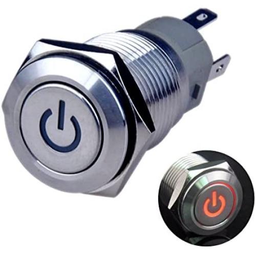 Ulincos Latching Push Button Switch U16F5 1NO1NC SPDT ON/OFF Silver Stainless Steel Shell with Red Power Symbol LED Suitable for 16mm 5/8'' Mounting Hole (Red)