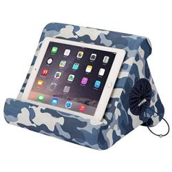 Flippy with New Storage Cubby Multi-Angle Soft Pillow Lap Stand for iPads, Tablets, eReaders, Smartphones, Books, Magazines (Blue Camou)