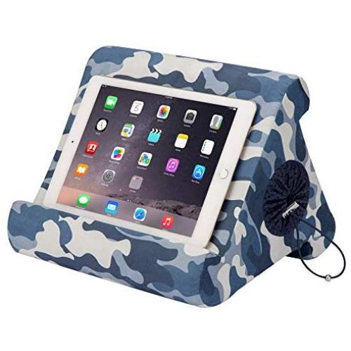 Flippy with New Storage Cubby Multi-Angle Soft Pillow Lap Stand for iPads, Tablets, eReaders, Smartphones, Books, Magazines (Blue Camou)