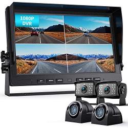 Fookoo Ⅱ 10'' 1080P Wired Backup Camera System Kit,10'' HD Quad Split Screen Monitor with Recording IP69 Waterproof Rear View Side View Camera Parking Lines for Truck/Semi-Trailer/Box Truck/RV(DY104)