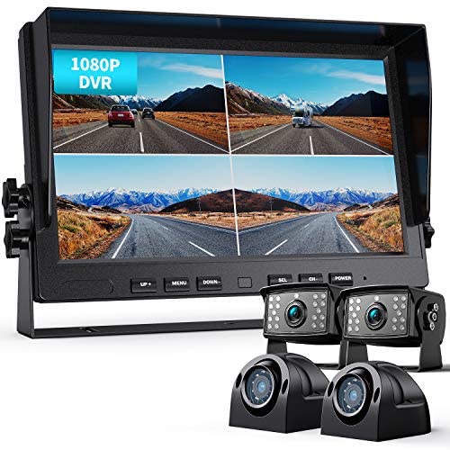 Fookoo Ⅱ 10'' 1080P Wired Backup Camera System Kit,10'' HD Quad Split Screen Monitor with Recording IP69 Waterproof Rear View Side View Camera Parking Lines for Truck/Semi-Trailer/Box Truck/RV(DY104)