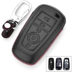 Royalfox(TM) 3 4 5 Buttons Real Leather Smart keyless Entry Remote Key Fob case Cover Keychain for 2017 2018 Ford Mustang Explorer Edge Fusion Mondeo F150 F250 F350 F450 F550 (Black Leather)