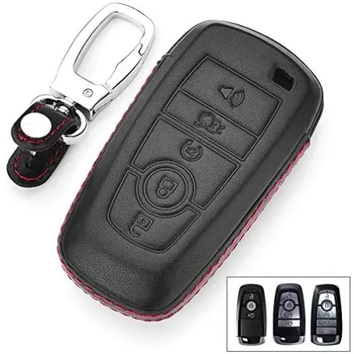 Royalfox(TM) 3 4 5 Buttons Real Leather Smart keyless Entry Remote Key Fob case Cover Keychain for 2017 2018 Ford Mustang Explorer Edge Fusion Mondeo F150 F250 F350 F450 F550 (Black Leather)