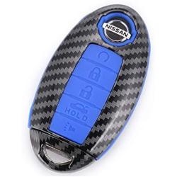 WFMJ Blue Carbon Fiber + Silicone Button Smart Remote 5 Buttons Key Fob Cover Case Shell Fob for Nissan Altima Maxima Armada Murano Rogue Sedan Pathfinder