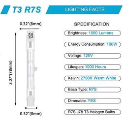 5 Pack Halogen R7S 78mm T3 100W Dimmable 1050lm J-Type 120V R7S Base Warm White 2700K Double Ended Halogen Light Bulbs for Work, Security, Landscape Lights, Floor Lamps