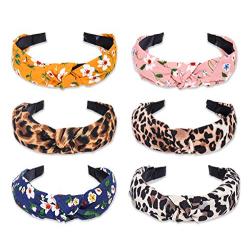 Leopard Print and Floral Knotted Headbands for Women and Girls 6 Pack Set Fabric Wrapped Plastic Fashion Hair Band Womens Head band