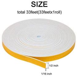 Foam Tape Weatherstrip-1 Roll, 1/2 Inch Wide x 1/16 Inch Thick White High Density Foam Seal Strip Self Adhesive Weather Stripping for Door Insulation Total 33 Feet Long（33ft x 1 Roll ）