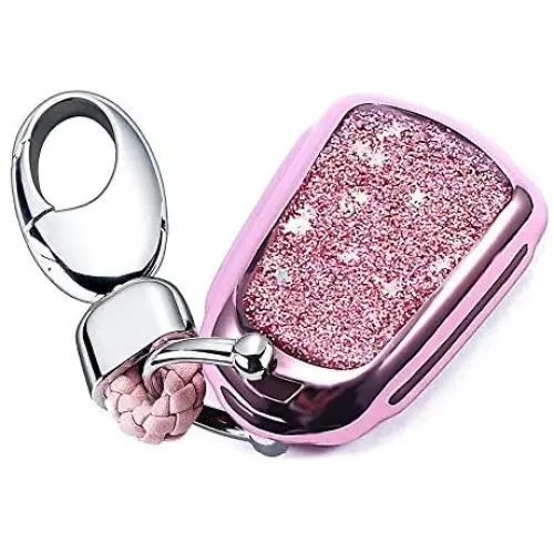 YIJINSHENG TPU Soft Plating Smart Key Fob Remote Cover Case Protector Keyless Jacket for Cadillac CT6 XT5 CTS XTS SRX ATS GTS ATSL HYQ2AB HYQ2EB Car Key Chain (Pink)