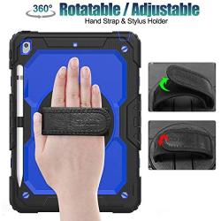 SEYMAC stock iPad 8th/7th Generation Case 10.2, [Full-Body] & [Drop-Proof] Case with 360 Degrees Rotating Stand [Pencil Holder] [Screen Protector] Hand Strap for 2020/2019 iPad 8 /7 Gen (Blue+Black)
