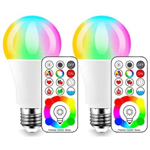 LED Color Changing Light Bulb, 120 Colors, 70 Watt Equivalent with Remote Control RGBW RGB Daylight and White – Timing Function - A19 E26 Edison Screw (2 Pack)