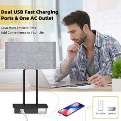 Set of 2 Touch Control 3-Way Dimmable Table Lamp with 2 USB Ports &1 AC Outlet, Modern Bedside Nightstand Lamps with Fabric Shade, Desk Lamps for Bedroom Living Room Grey, Bulbs Included