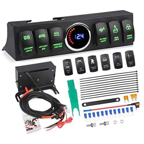 WATERWICH 6-Switch Pod Toggle Switch Panel Overhead and Source Control System Box Wiring Harness Kit with 12 Switch Covers & a Switch Clip Remover Compatible with Jeep Wrangle (Green)
