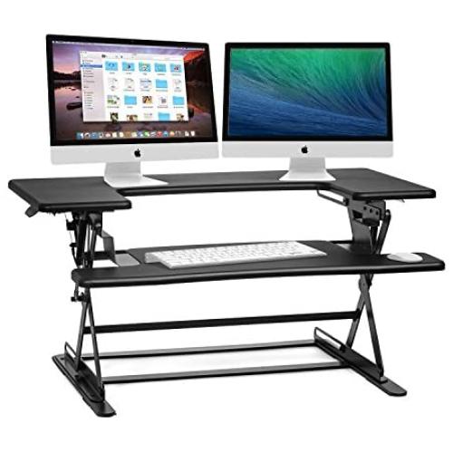 Halter Stand Up Desk Converter for Laptop, Dual Monitor and Laptop Riser Adjustable Standing Desk w/Cable Management & Keyboard Tray (Black)